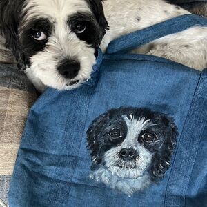 Blue Denim Tote Bag with your Dog Painted by artist
